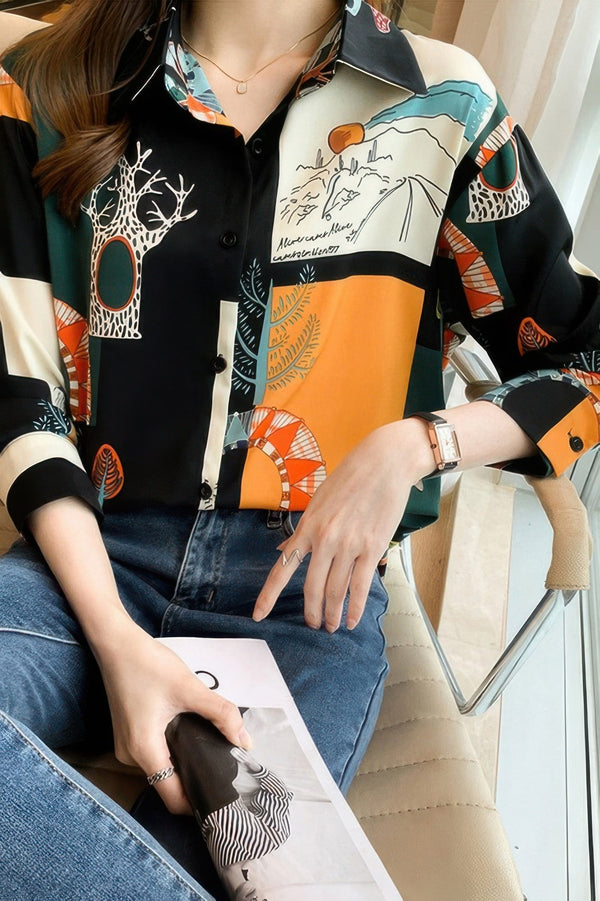 Chain Print Drop Shoulder Loose Fit Blouse - | SmartBuyApparel