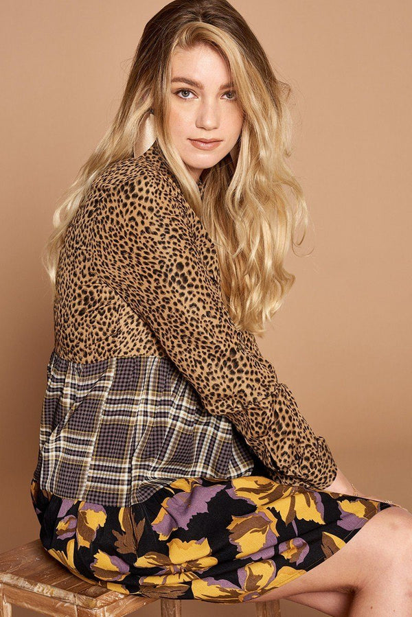 Cheetah Print Button - Down Collard Shirt Dress - Dress - SmartBuyApparel