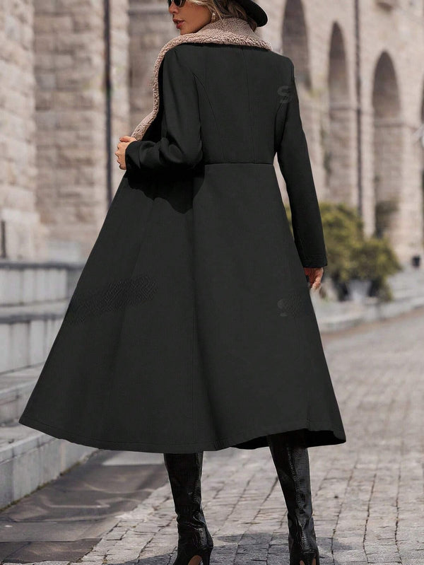 Clasi Contrast Teddy Collar Double Button Overcoat - SmartBuyApparel - Women Overcoats