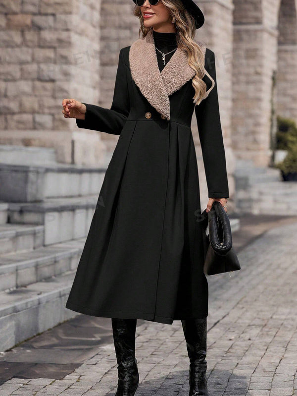 Clasi Contrast Teddy Collar Double Button Overcoat - SmartBuyApparel - Women Overcoats