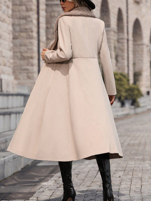 Clasi Contrast Teddy Collar Double Button Overcoat - SmartBuyApparel - Women Overcoats