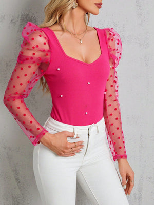 Clasi Polka Dot Mesh Patchwork Leg - Of - Mutton Sleeve Top Beaded Decor - SmartBuyApparel - Women Tops