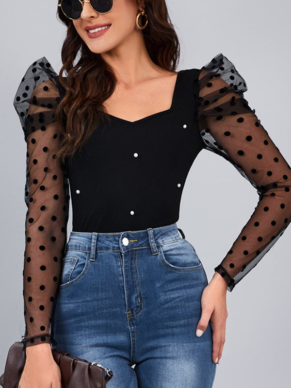 Clasi Polka Dot Mesh Patchwork Leg - Of - Mutton Sleeve Top Beaded Decor - SmartBuyApparel - Women Tops