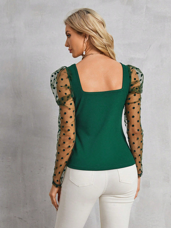 Clasi Polka Dot Mesh Patchwork Leg - Of - Mutton Sleeve Top Beaded Decor - SmartBuyApparel - Women Tops