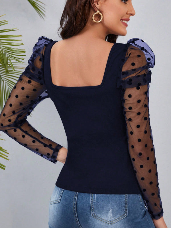 Clasi Polka Dot Mesh Patchwork Leg - Of - Mutton Sleeve Top Beaded Decor - SmartBuyApparel - Women Tops