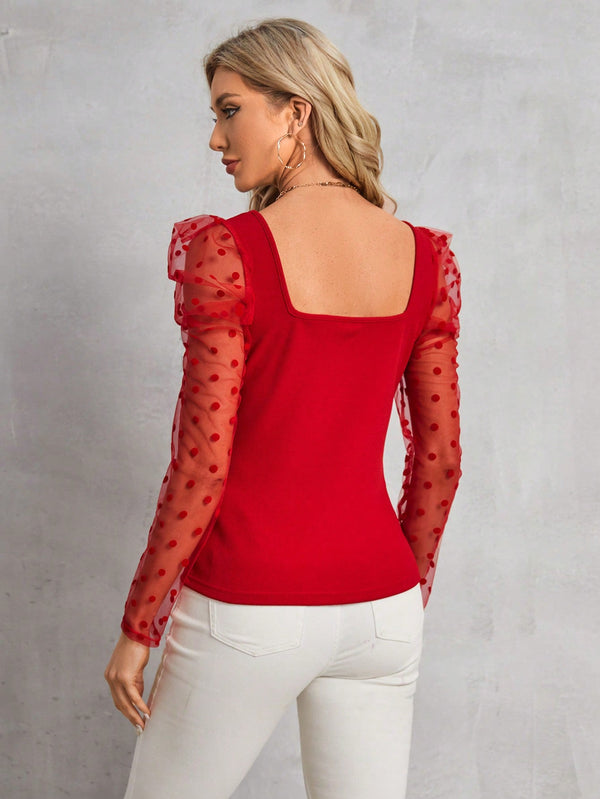 Clasi Polka Dot Mesh Patchwork Leg - Of - Mutton Sleeve Top Beaded Decor - SmartBuyApparel - Women Tops