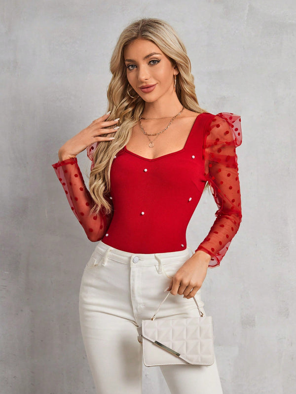 Clasi Polka Dot Mesh Patchwork Leg - Of - Mutton Sleeve Top Beaded Decor - SmartBuyApparel - Women Tops