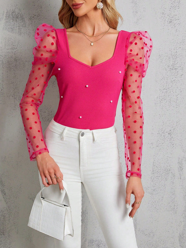 Clasi Polka Dot Mesh Patchwork Leg - Of - Mutton Sleeve Top Beaded Decor - SmartBuyApparel - Women Tops