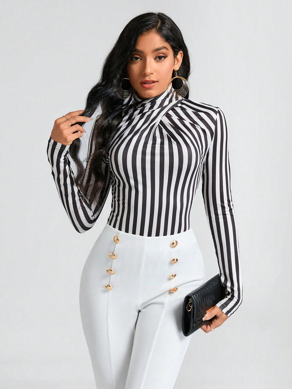 Clasi Striped Print Mock Neck Slim Fit Bodysuit - SmartBuyApparel - Women Bodysuits