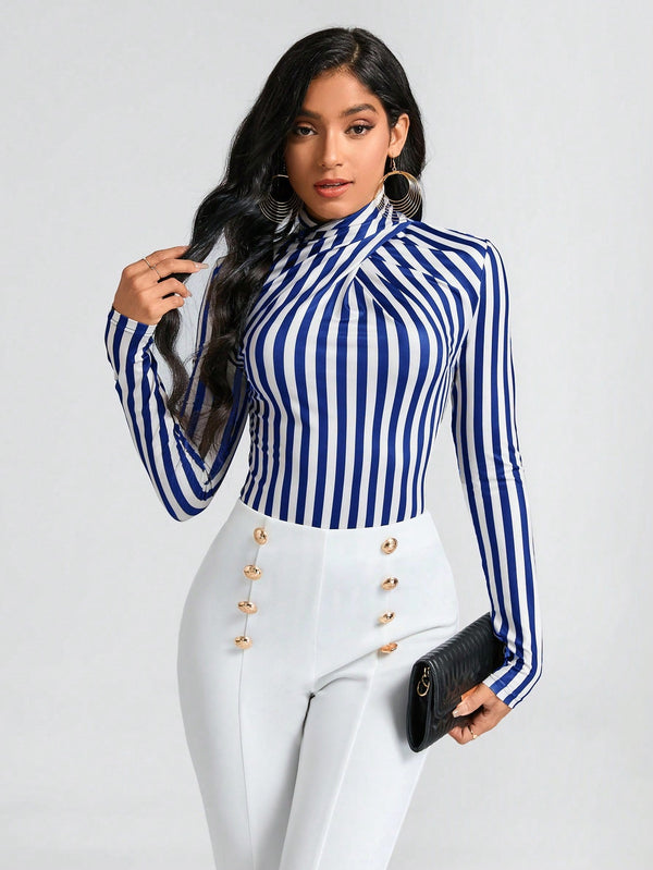 Clasi Striped Print Mock Neck Slim Fit Bodysuit - SmartBuyApparel - Women Bodysuits