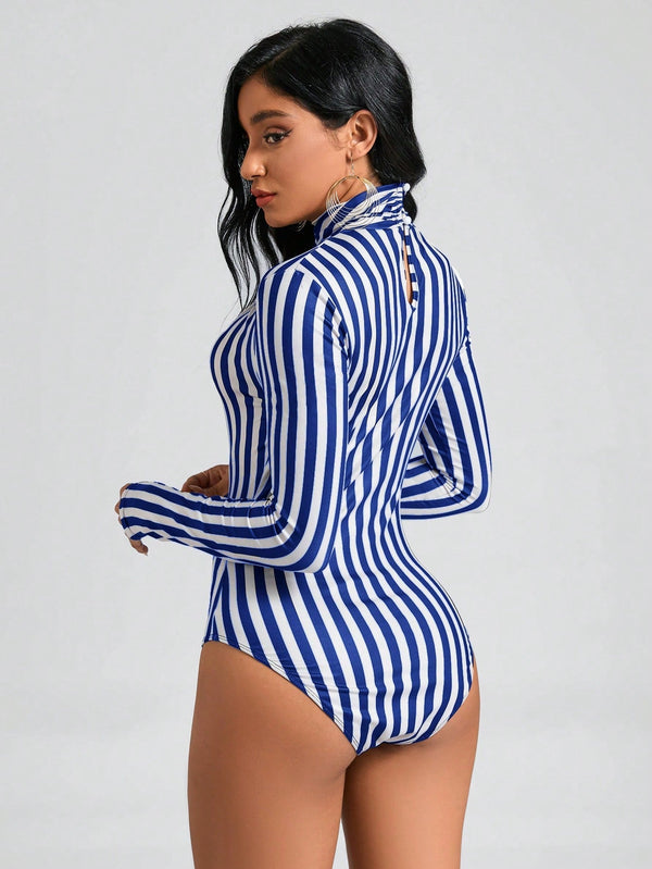 Clasi Striped Print Mock Neck Slim Fit Bodysuit - SmartBuyApparel - Women Bodysuits