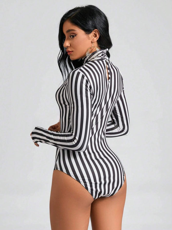 Clasi Striped Print Mock Neck Slim Fit Bodysuit - SmartBuyApparel - Women Bodysuits