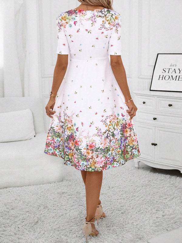Clasi V - Neck Short Sleeve Floral Print Dress - SmartBuyApparel - Women Dresses