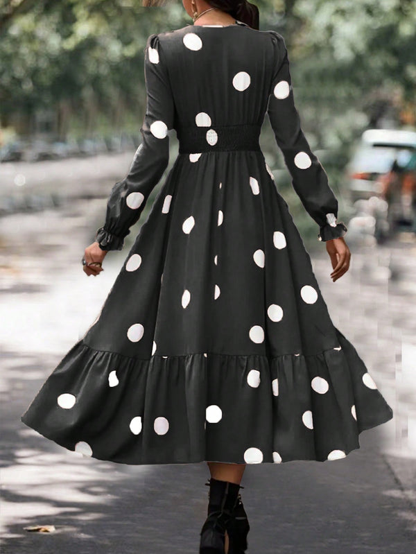 Clasi Women Polka Dot Bubble Sleeve Dress With Ruffle Hem - SmartBuyApparel - Women Dresses