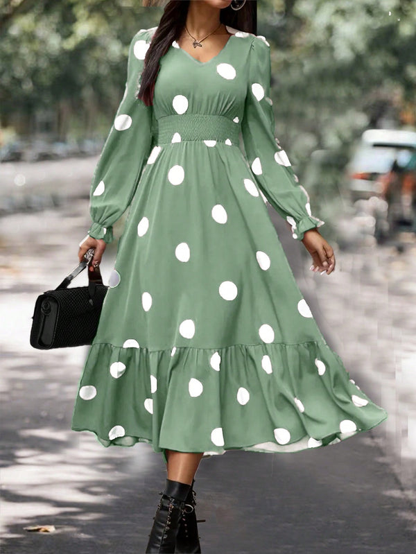 Clasi Women Polka Dot Bubble Sleeve Dress With Ruffle Hem - SmartBuyApparel - Women Dresses