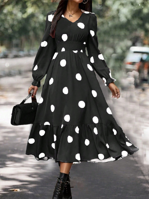 Clasi Women Polka Dot Bubble Sleeve Dress With Ruffle Hem - SmartBuyApparel - Women Dresses