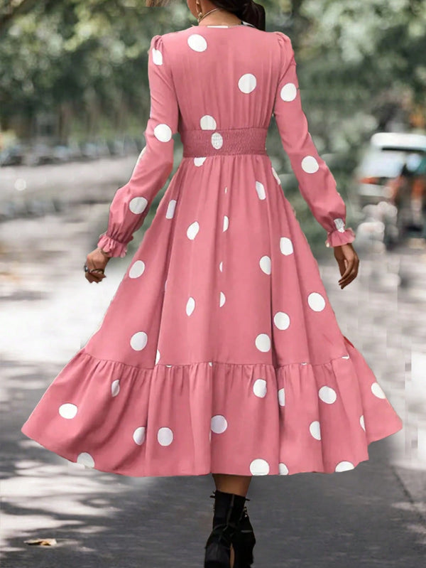 Clasi Women Polka Dot Bubble Sleeve Dress With Ruffle Hem - SmartBuyApparel - Women Dresses