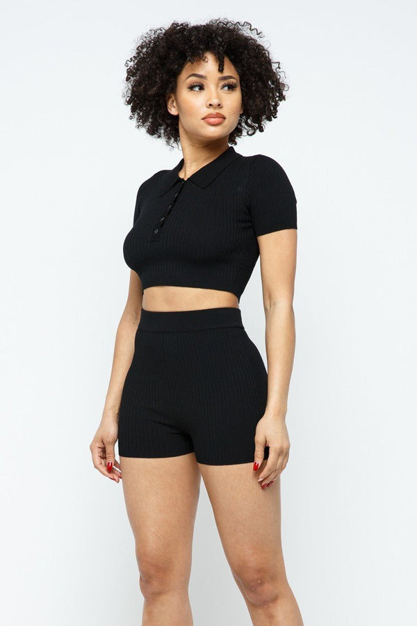 Collar Crop Top + Shorts Set - Women's set - SmartBuyApparel