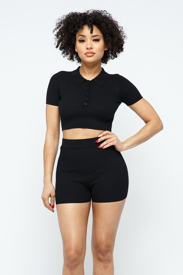 Collar Crop Top + Shorts Set - Women's set - SmartBuyApparel