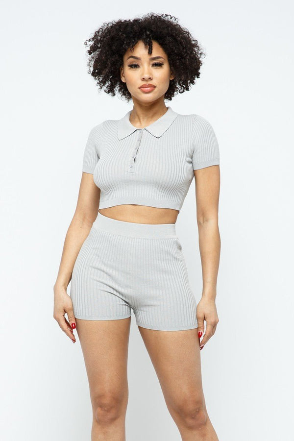 Collar Crop Top + Shorts Set - Women's set - SmartBuyApparel