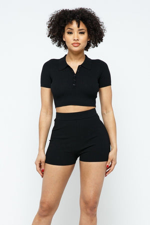 Collar Crop Top + Shorts Set - Women's set - SmartBuyApparel