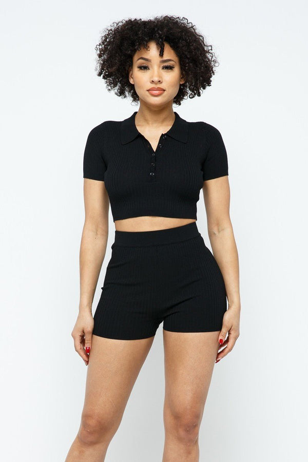 Collar Crop Top + Shorts Set - Women's set - SmartBuyApparel