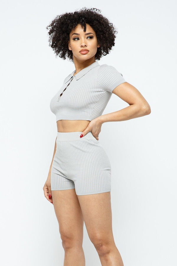 Collar Crop Top + Shorts Set - Women's set - SmartBuyApparel