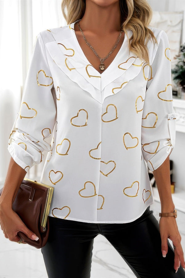 Color Black Heart Print V Neck Ruffle Loose Blouse - | SmartBuyApparel