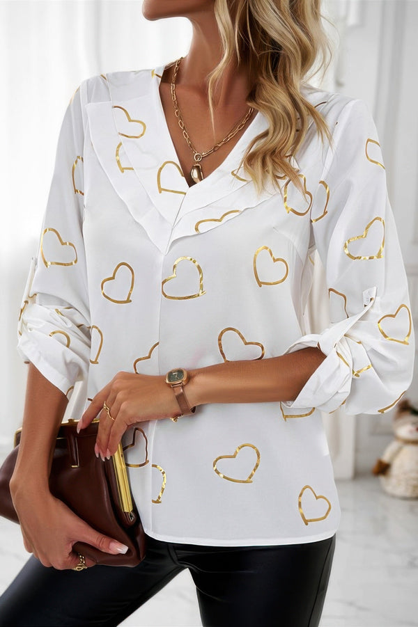 Color Black Heart Print V Neck Ruffle Loose Blouse - | SmartBuyApparel