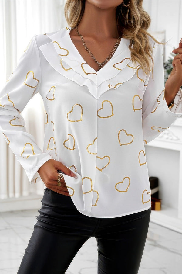 Color Black Heart Print V Neck Ruffle Loose Blouse - | SmartBuyApparel