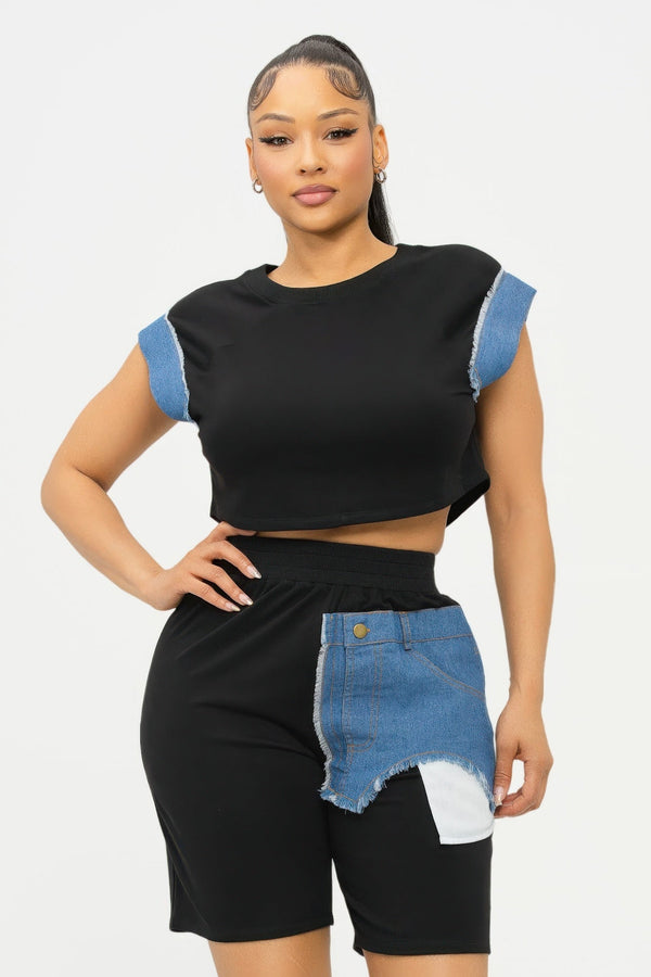Color Block Denim Sleeve Top And Biker Shorts Set - Women's set - SmartBuyApparel