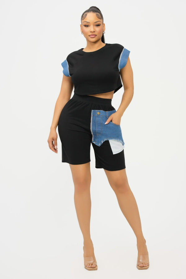 Color Block Denim Sleeve Top And Biker Shorts Set - Women's set - SmartBuyApparel