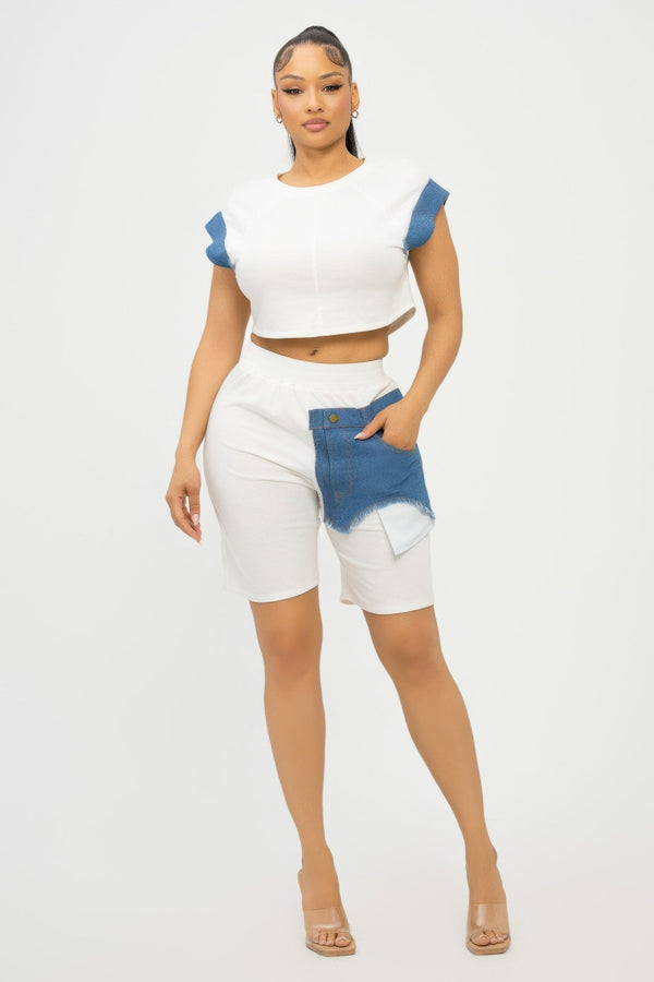 Color Block Denim Sleeve Top And Biker Shorts Set - Women's set - SmartBuyApparel