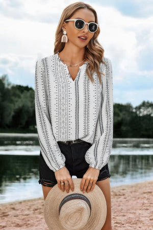 Color Block Graphic Print V Neck Ruffle Blouse - | SmartBuyApparel