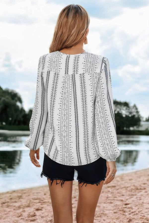 Color Block Graphic Print V Neck Ruffle Blouse - | SmartBuyApparel