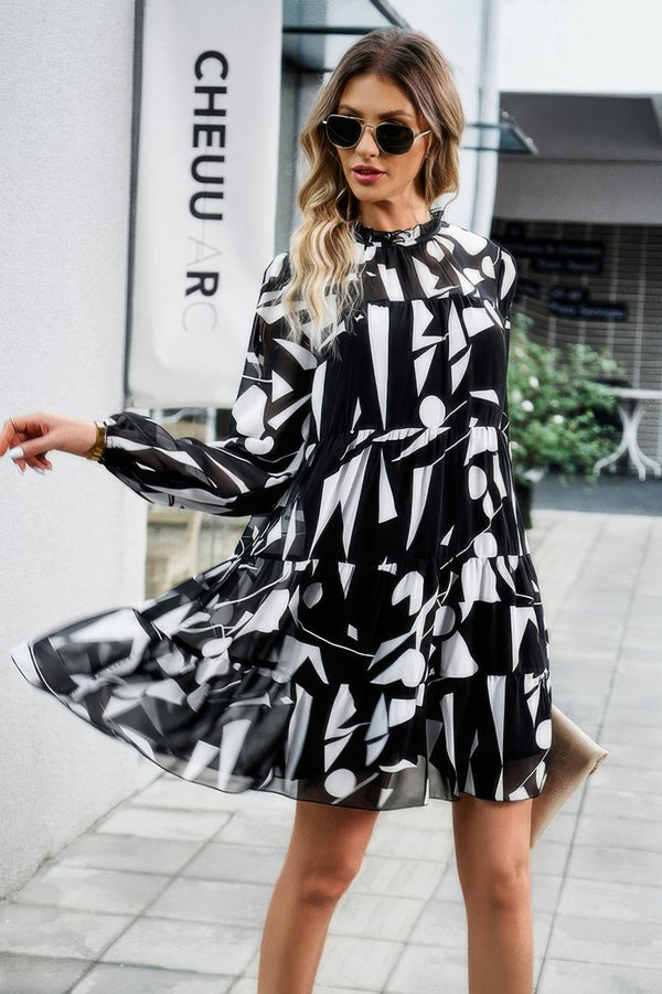 Color Block Hem Ruffle Printing Loose Fit Midi Dress - | SmartBuyApparel