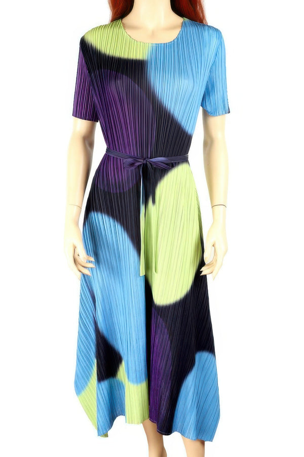 Cool Color Print Short - sleeve Pleated Midi Dress - | SmartBuyApparel