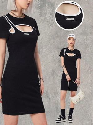 Coolane Black & White Contrast Color Hollow Out Bodycon Dress - SmartBuyApparel - Women Dresses