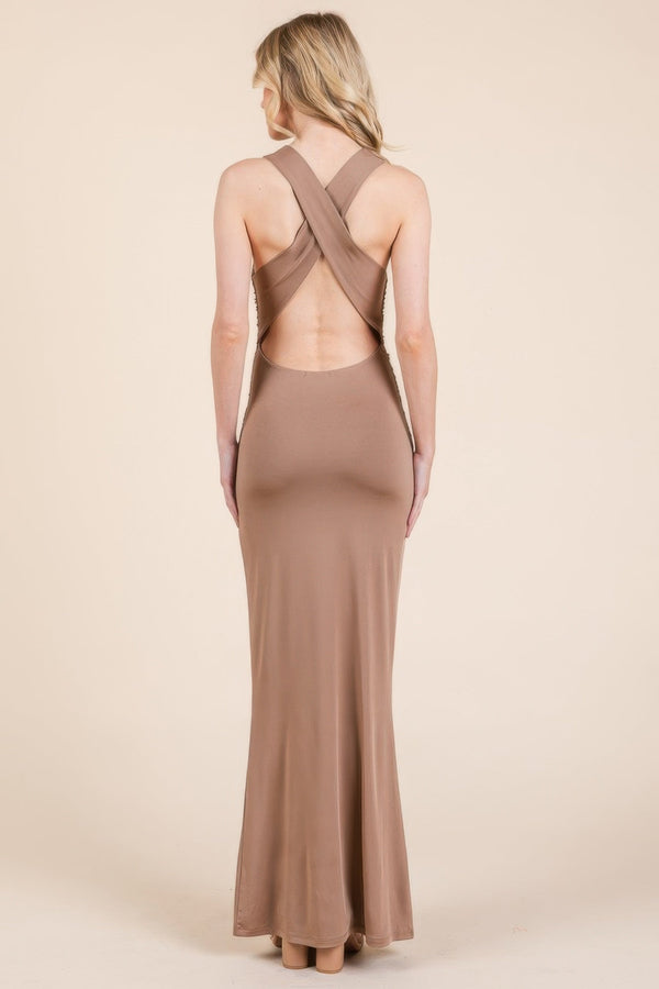 Cowl Neck Cross Back Shirring Maxi Dress - | SmartBuyApparel