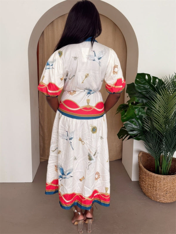 Crane & Nautical Belted Midi Dress Ivory Multi - Dress - SmartBuyApparel