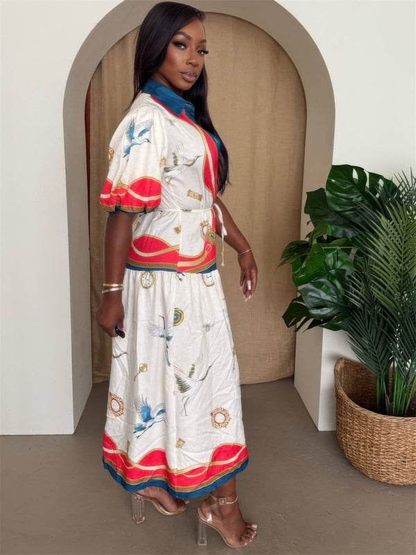 Crane & Nautical Belted Midi Dress Ivory Multi - Dress - SmartBuyApparel