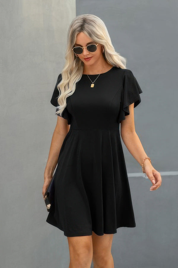 Crew Neck Ruffled Short Sleeve Solid Dress - | SmartBuyApparel