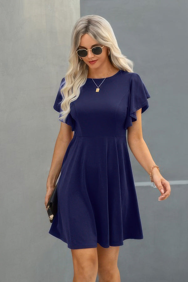 Crew Neck Ruffled Short Sleeve Solid Dress - | SmartBuyApparel