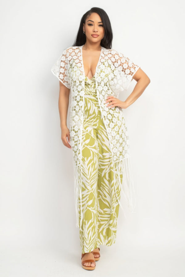 Crocheted Open - front Fringe Kimono - Kimono - SmartBuyApparel