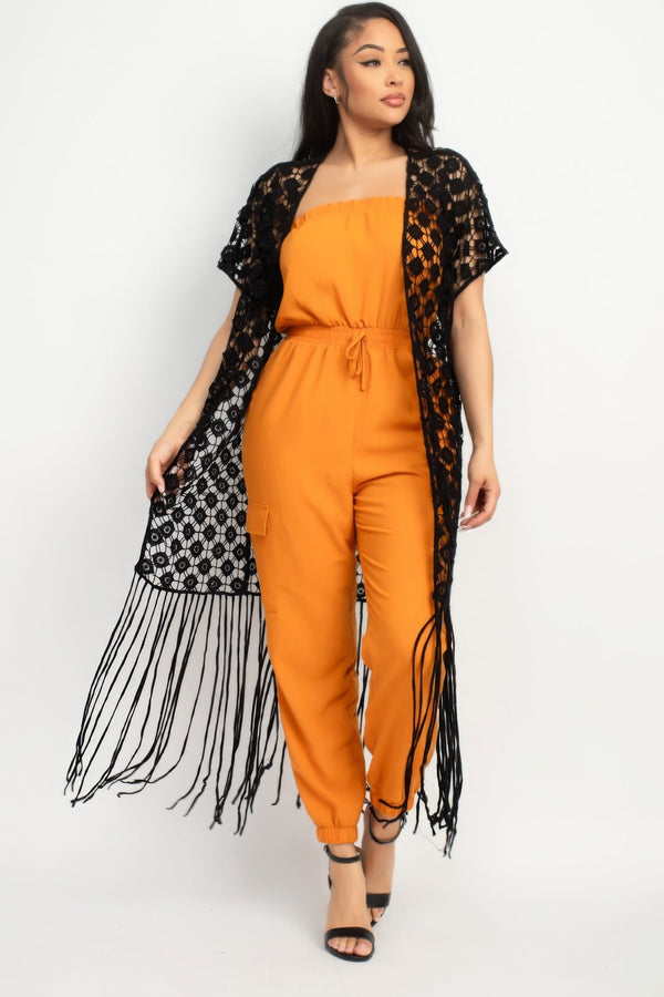 Crocheted Open - front Fringe Kimono - Kimono - SmartBuyApparel