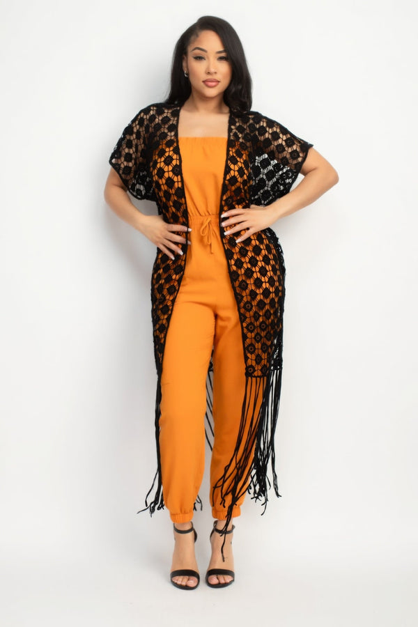Crocheted Open - front Fringe Kimono - Kimono - SmartBuyApparel