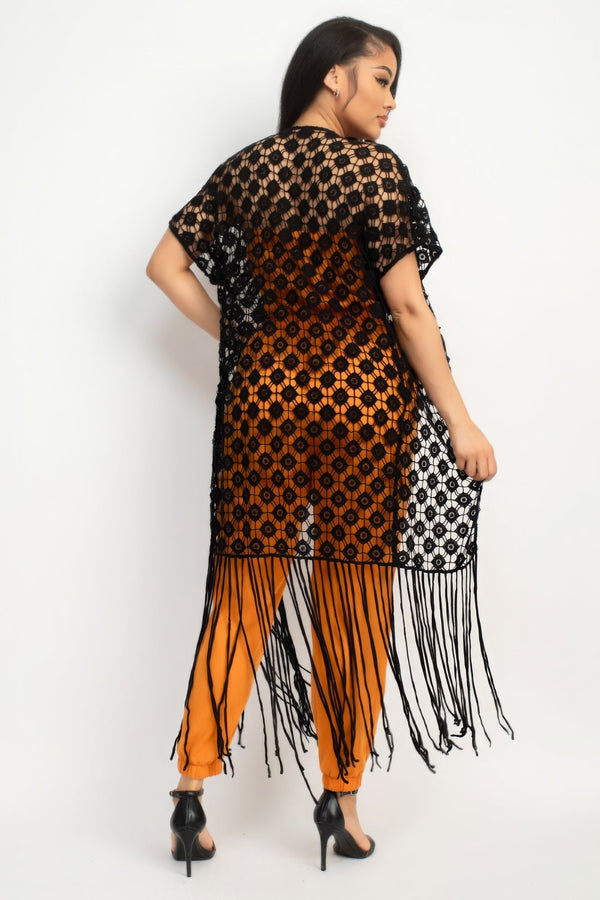 Crocheted Open - front Fringe Kimono - Kimono - SmartBuyApparel