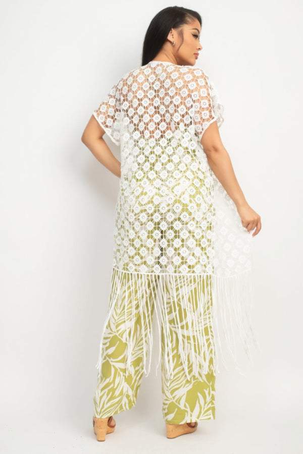 Crocheted Open - front Fringe Kimono - Kimono - SmartBuyApparel