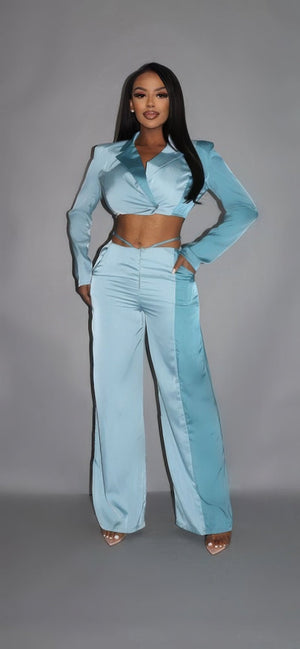 Crop Blazer With Matching Low Rise Wide Leg Pants Set - Women's set - SmartBuyApparel