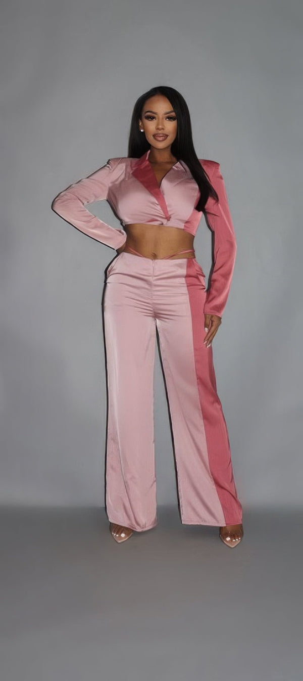 Crop Blazer With Matching Low Rise Wide Leg Pants Set - Women's set - SmartBuyApparel